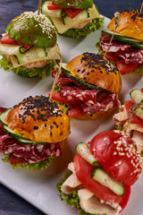 Fashionable set of multi-colored small hamburgers. Snack in the form of sandwiches with different fillings on a square plate. A treat for a buffet. Vegetarian and meat burgers.