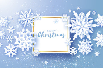 Merry Christmas and Happy New Year Greetings card. White Paper cut snowflakes. Origami Winter Decoration background. Seasonal holidays. Snowfall. Square frame. Space for text. Blue.