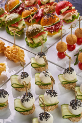 Set of different snack options for a festive table, buffet, a party for the whole family and friends. Croquettes with tomatoes, balls in cornflakes, colorful burgers, cheese balls with cucumber.