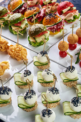 Set of different snack options for a festive table, buffet, a party for the whole family and friends. Croquettes with tomatoes, balls in cornflakes, colorful burgers, cheese balls with cucumber.