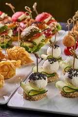 Set of different snack options for a festive table, buffet, a party for the whole family and friends. Croquettes with tomatoes, balls in cornflakes, colorful burgers, cheese balls with cucumber.