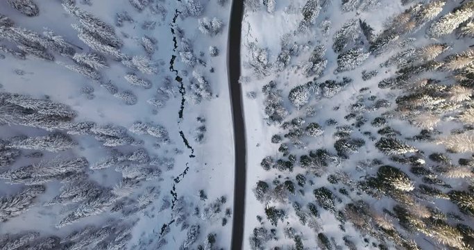 Forward overhead vertical aerial above road,woods snowy forest at falzarego pass.Sunset or sunrise.Winter Dolomites Italian Alps mountains outdoor nature establisher.4k drone flight establishing shot