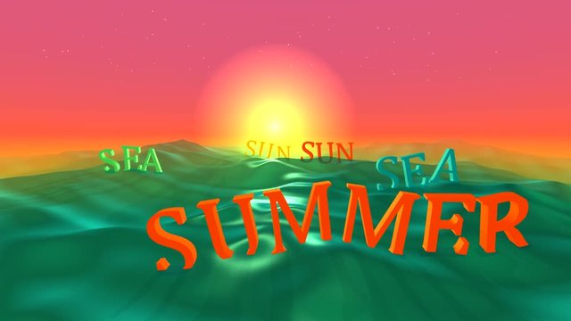 The text of orange color floats on the surface of the sea in the sun. 4K video is recoded from the 3D program. The inscription on an amorphous surface.