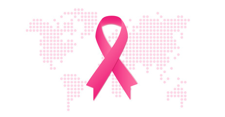 Breast cancer awareness campaign concept. October month. Pink smooth wave ribbon on background with rose digital map, like as healthy clean cells. Vector horizontal illustration. Women's health