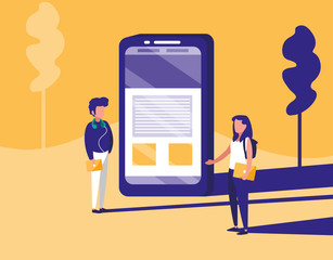 couple with smartphone in landscape