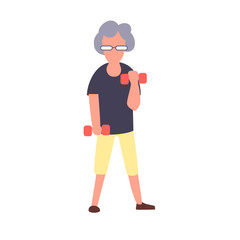 Senior fitness woman training with dumbbells. Recreation and leisure senior activities concept. Cartoon elderly female vector character