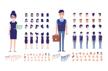 Front, side, back, 3/4 view animated characters. Business people creation set with various views, hairstyles and gestures. Cartoon style, flat vector illustration.