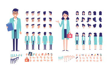 Front, side, back view animated characters. Woman and man doctor constructor with various views, hairstyles, gestures. Cartoon style, flat vector illustration.