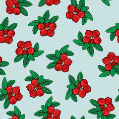 Seamless pattern with fresh red cranberries and green leaves on pastel blue background. Hand drawn vector illustration.
