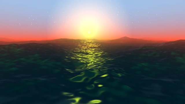 Waves of the sea in the sun. 4K movie recoded from the 3D program. Sunlight reflected from the surface of the water on a summer day with horizon and sky.
