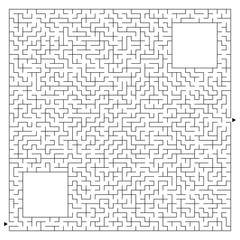 Abstract complex square maze with entrance and exit. An interesting game for children and adults. Vector illustration isolated on white background. With a place for your drawings.