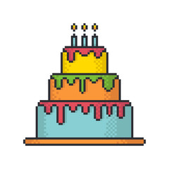 Glazed festive cake pixel art style vector icon on white background.