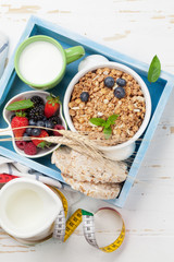 Healthy breakfast set with muesli, berries and milk