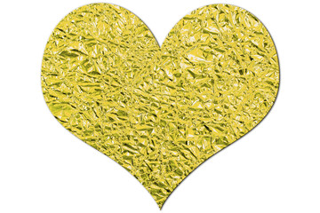 Goldenes Herz aus Alufolie vor weißem Hintergrund