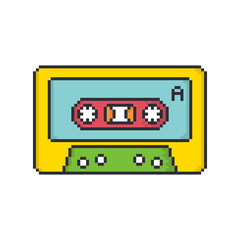 Retro audio cassette tape pixel art style vector icon on white background.