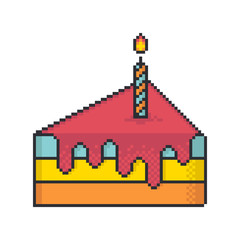 Piece of cake with one candle pixel art style vector icon on white background.