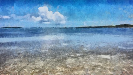 Oil painting. Art print for wall decor. Acrylic artwork. Big size poster. Watercolor drawing. Modern style fine art. Beautiful exotic tropical landscape. Clean sea view.