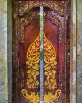Oil painting. Art print for wall decor. Acrylic artwork. Big size poster. Watercolor drawing. Modern style fine art. Beautiful landscape. Wodden door with wonderful patterns.