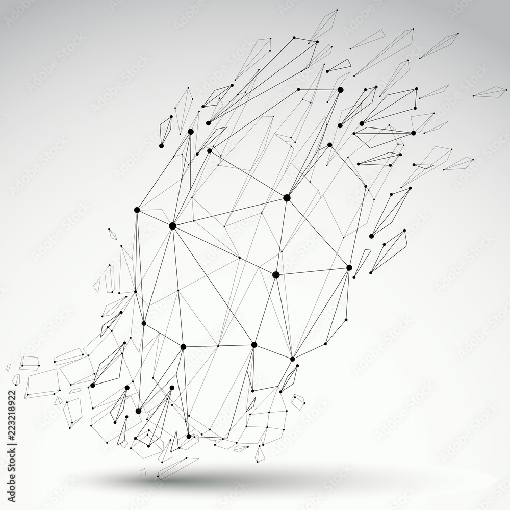 Poster 3d vector low poly object with black connected lines and dots, geometric wireframe shape with refrac