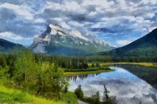 Oil painting. Art print for wall decor. Acrylic artwork. Big size poster. Watercolor drawing. Modern style fine art. Beautiful mountain landscape. Wild lake