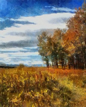 Oil painting. Art print for wall decor. Acrylic artwork. Big size poster. Watercolor drawing. Modern style fine art. Beautiful autumn field landscape.