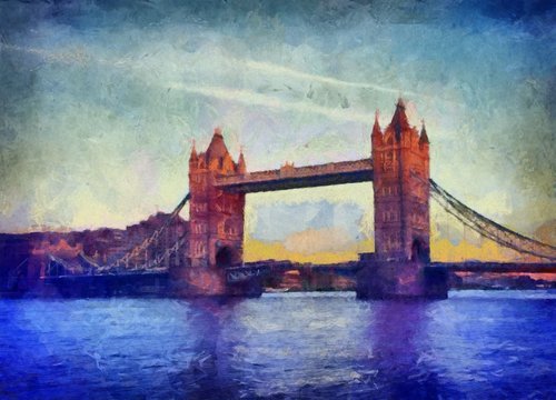 Oil painting. Art print for wall decor. Acrylic artwork. Big size poster. Watercolor drawing. Modern style fine art. Beautiful London bridge landscape. England view.