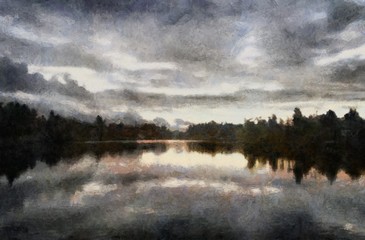 Oil painting. Art print for wall decor. Acrylic artwork. Big size poster. Watercolor drawing. Modern style fine art. Beautiful autumn landscape. Cold sunset. Grey clouds