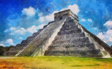 Fototapeta na wymiar Oil painting. Art print for wall decor. Acrylic artwork. Big size poster. Watercolor drawing. Modern style fine art. Beautiful mexico piramid landscape.
