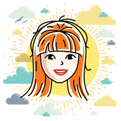 Vector illustration of beautiful red-haired female face, positive face features, clipart.