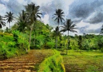 Obraz premium Oil painting. Art print for wall decor. Acrylic artwork. Big size poster. Watercolor drawing. Modern style fine art. Beautiful exotic tropical landscape.