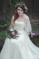 Bride fiance on atmospheric background copy space happy wife