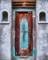 Oil painting. Art print for wall decor. Acrylic artwork. Big size poster. Watercolor drawing. Modern style fine art. Beautiful landscape. Wooden door with wonderful patterns
