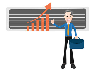 man showing presenting a graph of business success progress of work happy face briefcase in hand