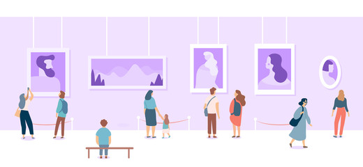 Art gallery. People looking at paintings at exhibition. Flat style vector illustration. 