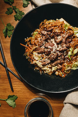 Delicious spicy noodles with meat in pot, traditional Aisan foo