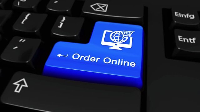 12. Order Online Round Motion On Blue Enter Button On Modern Computer Keyboard with Text and icon Labeled. Selected Focus Key is Pressing Animation. xxxxx Concept