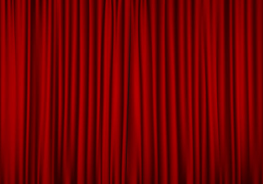Closed red curtain background. Theatrical drapes.