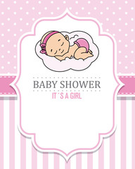 baby shower pink. baby boy sleeping on the cloud. space for text
