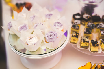 Delicious wedding reception candy bar dessert table