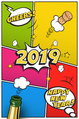 2019 New Year postcard or greeting card template. Vector 2019 New Year retro design in comic book style with champagne bottle.