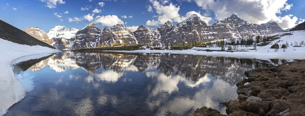 Wide Panoramic Landscape of lower Minnestimma Lake in Larch Valley above Moraine Lake, Banff...