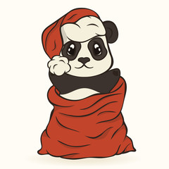 Cute panda in Santa's hat in red bag with gifts vector image isolated. Cartoon panda bear gets out of Santa Claus's sack. Funny bearcat Children's Xmas design. Merry Christmas and Happy New Year mood.