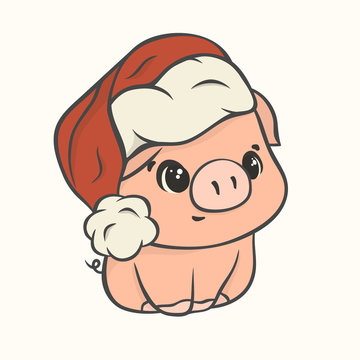 Cute pig in red New Year hat isolated. Chinese symbol of the 2019 year. Piggy in Santa's hat vector image in minimal flat style. Festive gift card Xmas style. Christmas pig in hat cartoon character.