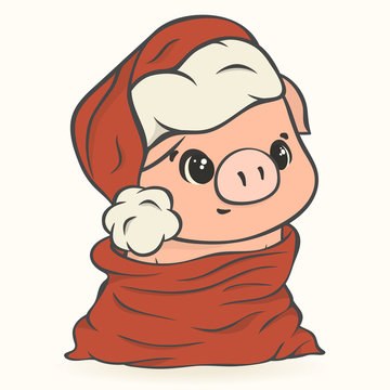 Cute pig in red New Year hat isolated. Chinese symbol of the 2019 year. Piggy in Santa's hat vector image in minimal flat style. Festive gift card Xmas style. Christmas pig in hat cartoon character.