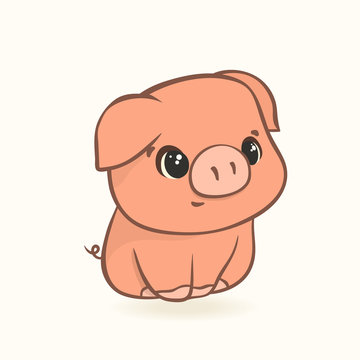 Cute funny pig in cartoon style isolated on white background. Piggy cartoon vector image, flat style. Fat amusing piglet front view, children's image. Lovely muzzle, design for children.