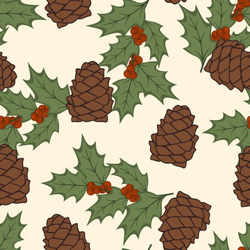 Holly berries, cone, mistletoe Christmas seamless pattern for print isolated. Xmas mood. Merry Christmas and Happy New Year design in traditional style for wrapper, texture, greeting card, invitation.
