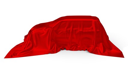 red silk covered SUV car concept. 3d illustration