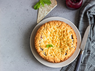 Homemade tasty shortcrust pie with fruit or jam, crumble and mint on grey concrete background.
