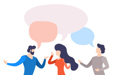 a flat image on a white background, talking people, men communicate with a girl and above them icons indicating a conversation