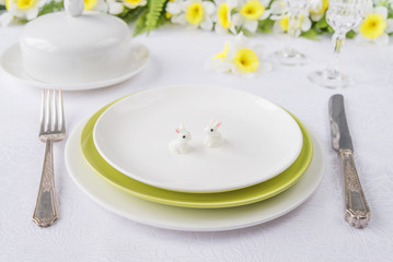 Porcelain plates, silverware and spring flowers
